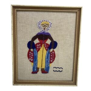 Vintage MCM Crewel Embroidery Woman with Two Water Pots Folk Art 1967 11" x 13"
